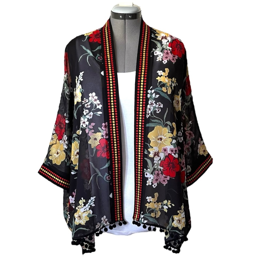 Colleen Lopez floral kimono with embroidery & pom pom trim L